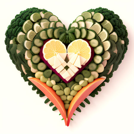 Heart made of vegetables and fruits on white background. 3D illustration.の素材