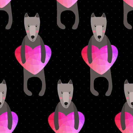 romantic seamless pattern with hearts and dogs . background made of triangles Square composition with geometric shapes. のイラスト素材