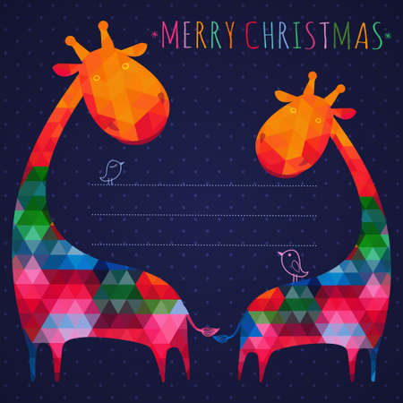 colorful christmas greeting card with giraffes. Square composition with geometric shapes. のイラスト素材