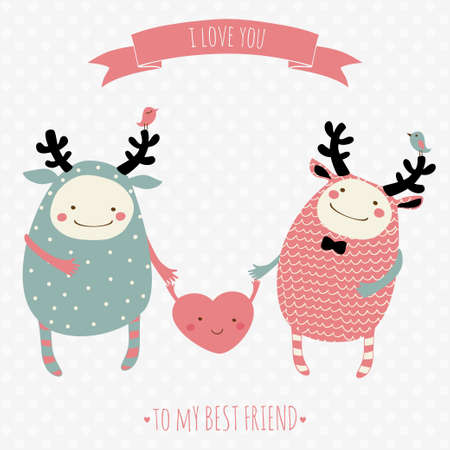 cute romantic cartoon card with lovely monstersのイラスト素材