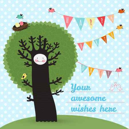 cute happy birthday card with tree and birds.のイラスト素材