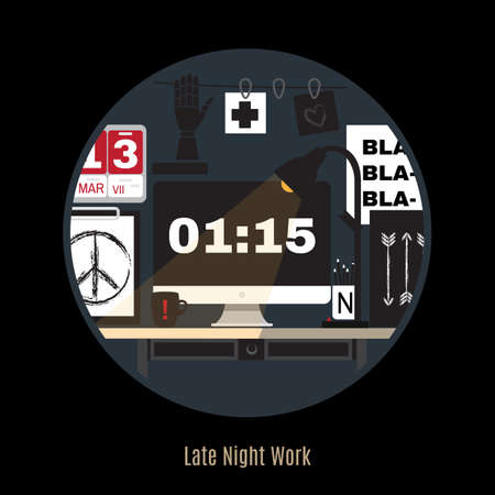Illustration of modern office workspace. Flat minimalistic style. Creative office workspace. Work at night. Freelance night. Late night working. Home office.のイラスト素材