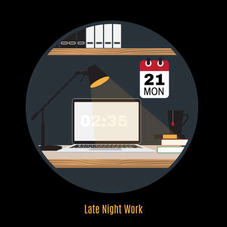Illustration of modern office workspace. Flat minimalistic style. Creative office workspace. Work at night. Freelance night. Late night working. Home office.のイラスト素材