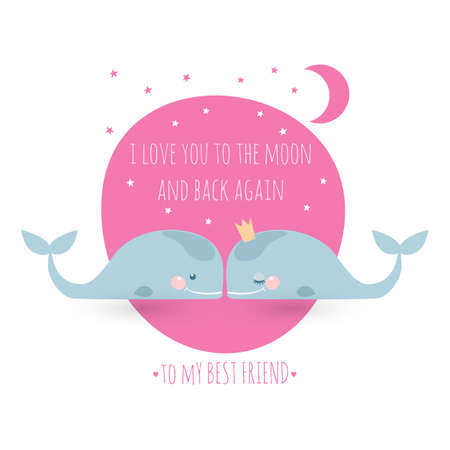 Romatic greeting card with whales. Card about friendship. I love you to the moon and back again.のイラスト素材