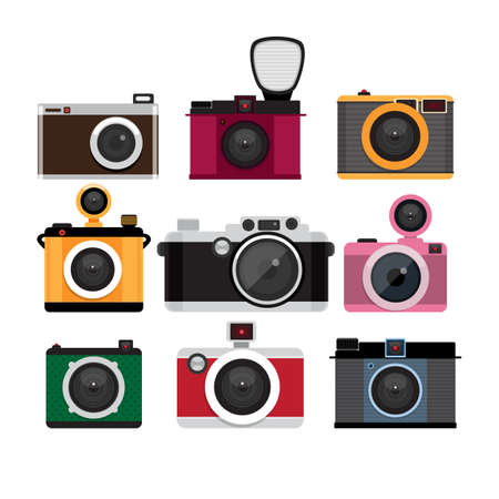 Photo cameras icons set. Flat design vector illustration.のイラスト素材