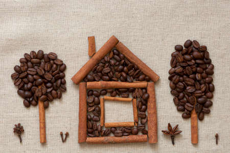 House made of cinnamon sticks and coffee beans with cinnamon and coffee treesの写真素材