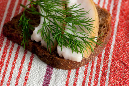 Salted lard on rye bread served with dill close upの写真素材