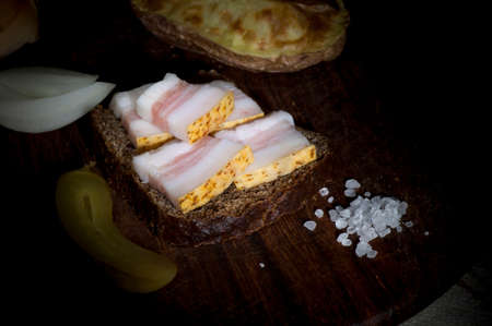 Sandwich with salted lard, served with onion, cucumber and garlicの写真素材