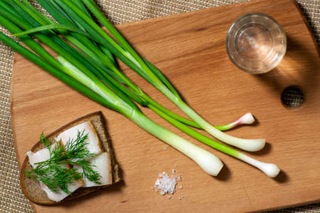 Sandwich with salted lard on rye bread and vodka view from aboveの写真素材