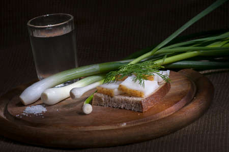 Sandwich with salted lard on rye bread served with vodka, green onion and garlic