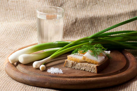Sandwich with salted lard on rye bread served with vodka, green onion and garlicの写真素材