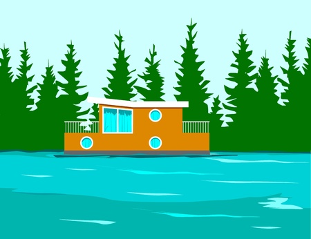  Houseboat on the side of a riverのイラスト素材
