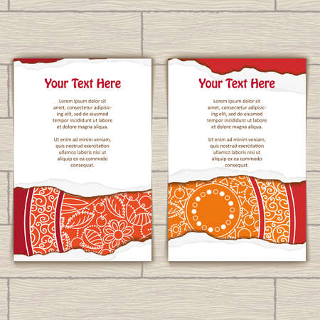 Set of cards decorated with red and gold mandala and torn paperのイラスト素材