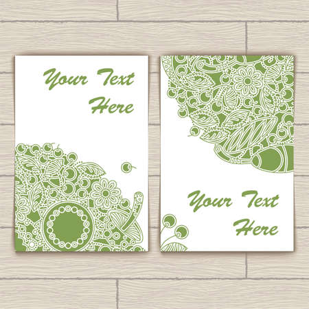 Cards with green round floral pattern and berriesのイラスト素材