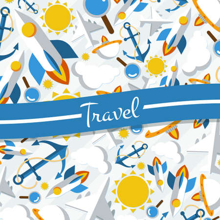 Background of the symbols of travel and weather with a ribbon for the labelのイラスト素材