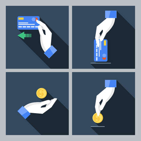 Set of four vector icons with hands holding the coins and credit cardsのイラスト素材