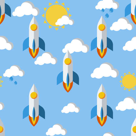 Bright seamless pattern with rockets, clouds and sun drawn in childish styleのイラスト素材