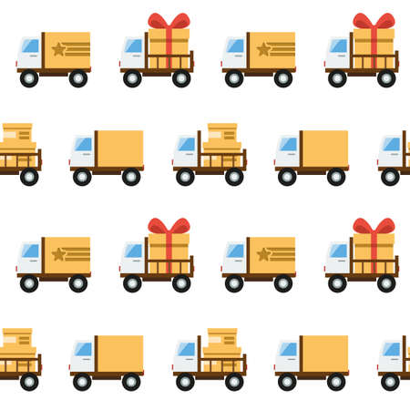 Vector seamless pattern with toy trucks, boxes and giftsのイラスト素材
