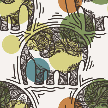 Vector seamless pattern with elephants crooked line on the background of colored spotsのイラスト素材