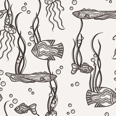Vector seamless pattern with hand painted fancy fish and algaeのイラスト素材