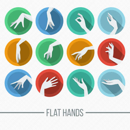Set of vector icons in a flat style with a different image of female hands on the round diesのイラスト素材