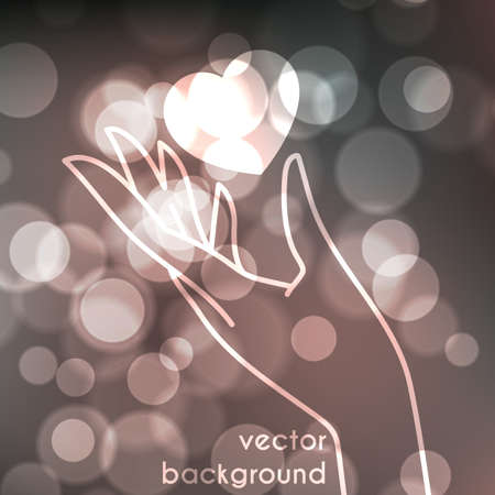 Stock blurred texture with bokeh effect and stylized hand in a graceful gesture with shining heartsのイラスト素材