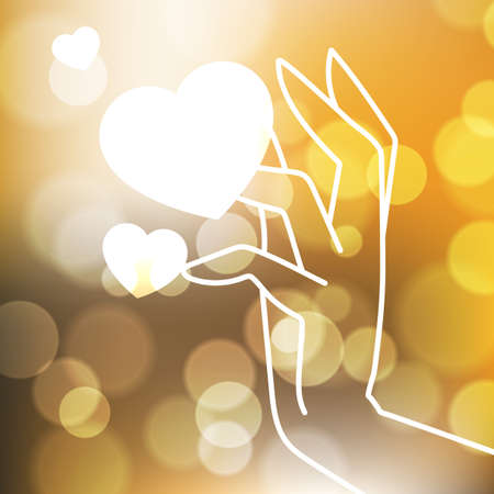 Stock blurred texture with bokeh effect and stylized hand in a graceful gesture with shining heartsのイラスト素材