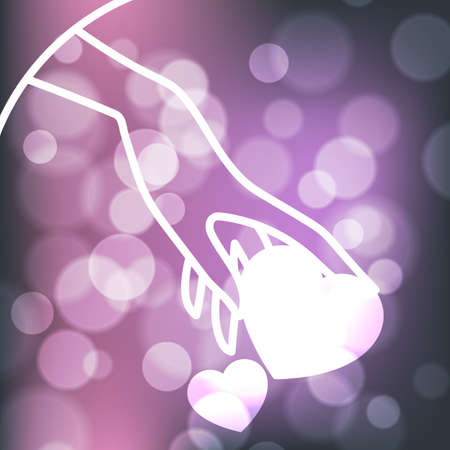 Stock blurred texture with bokeh effect and stylized hand in a graceful gesture with shining heartsのイラスト素材