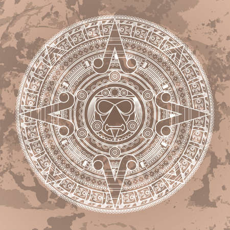 Vector circular pattern in the style of the Aztec calendar stone on a grunged backgroundのイラスト素材