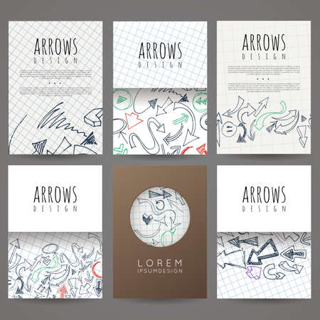Set of six vector designs of hand-drawn arrow. Cover design, brochures, leaflets, business cards, magazine, flyers, leaflets, stickers.のイラスト素材