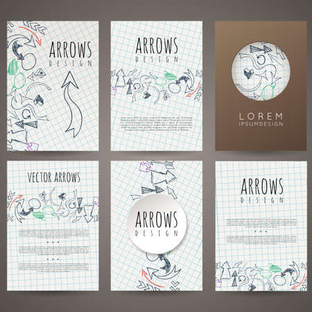 Set of six vector designs of hand-drawn arrow. Cover design, brochures, leaflets, business cards, magazine, flyers, leaflets, stickers.のイラスト素材