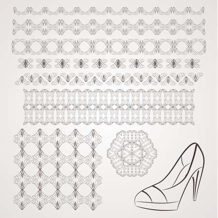 Set of vector filigree star, flowers, borders, frames and brushes of various women's shoes.のイラスト素材