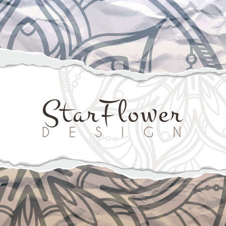 Vector background of crumpled torn paper with floral circular pattern. Mandala. Ragged edges.のイラスト素材