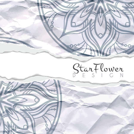 Vector background of crumpled torn paper with floral circular pattern. Mandala. Ragged edges.のイラスト素材
