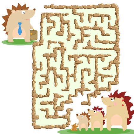 Raster illustration of the stone labyrinth and a family of hedgehogsの写真素材