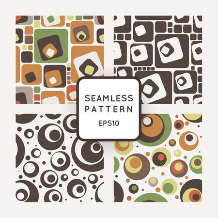 Set of vector seamless pattern of colored circles and squares in retrostileのイラスト素材