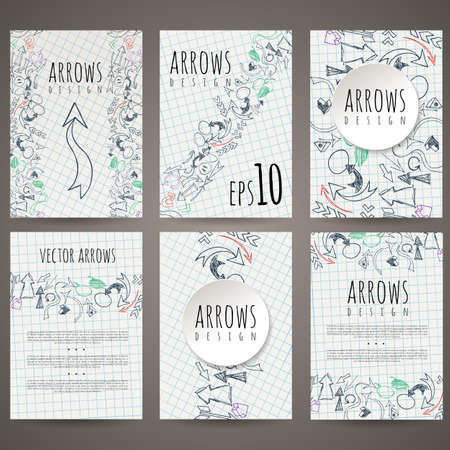 Set of six vector designs of hand-drawn arrow. Cover design, brochures, leaflets, business cards, magazine, flyers, leaflets, stickers.のイラスト素材