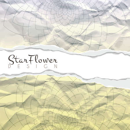 Vector background of crumpled torn paper with floral circular pattern. Mandala. Ragged edges.のイラスト素材