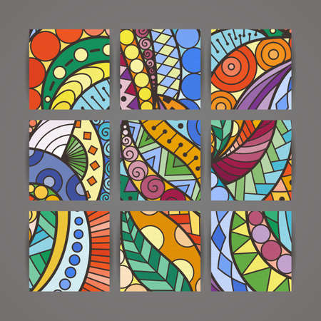 Set of vector design templates. Brochures in random colorful style. Vintage frames and backgrounds. Zentangle designs.のイラスト素材
