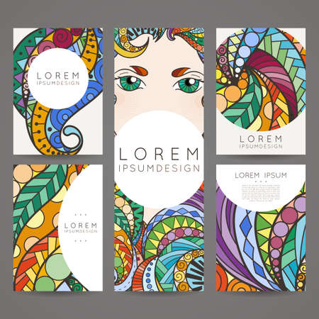 Set of vector design templates. Brochures in random colorful style. Vintage frames and backgrounds. Zentangle designs. Eye.のイラスト素材