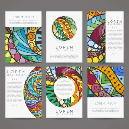 Set of vector design templates. Brochures in random colorful style. Vintage frames and backgrounds. Zentangle designs.のイラスト素材