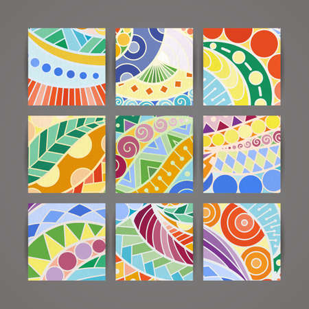 Set of vector design templates. Brochures in random colorful style. Vintage frames and backgrounds. Zentangle designs.のイラスト素材