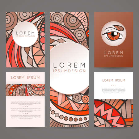 Set of vector design templates. Brochures in random colorful style. Vintage frames and backgrounds. Zentangle designs. Eye.のイラスト素材