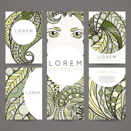 Set of vector design templates. Brochures in random colorful style. Vintage frames and backgrounds. Zentangle designs. Eye.のイラスト素材