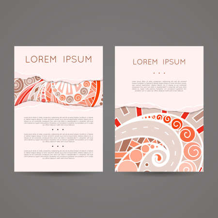 Set of vector design templates. Brochures in random colorful style. Vintage frames and backgrounds. Zentangle designs.のイラスト素材