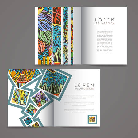 Set of vector design templates. Magazines in random colorful style. Vintage backgrounds. Zentangle designs.のイラスト素材