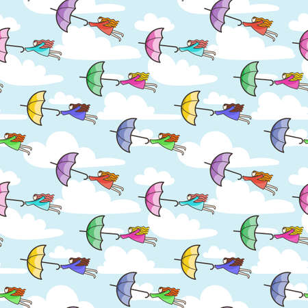 Vector seamless pattern with umbrellas flying at girls. Strong wind.のイラスト素材