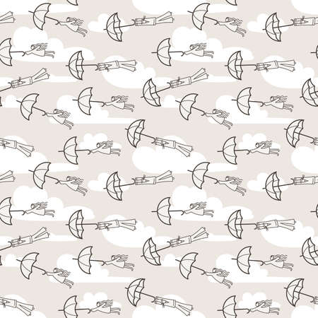 Vector seamless pattern with umbrellas flying at people. Strong wind.のイラスト素材