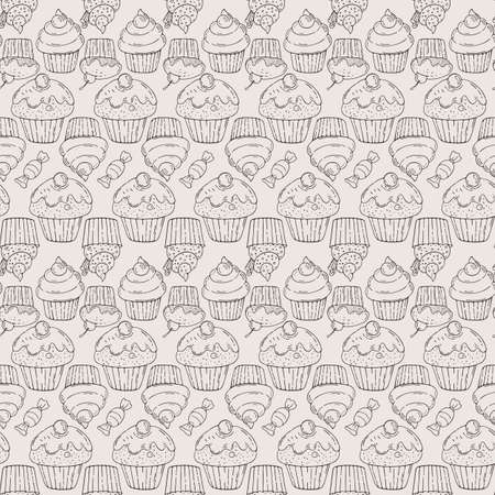 Vector Candy and Muffins Seamless Pattern. Cakes, Sweets, Bows.のイラスト素材