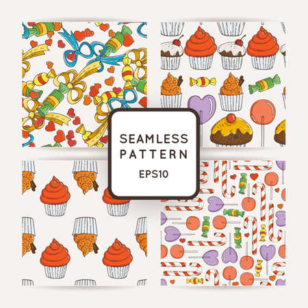 Set of Vector Candy, Bows and Muffins Seamless Patterns. Sweet Party Texture.のイラスト素材